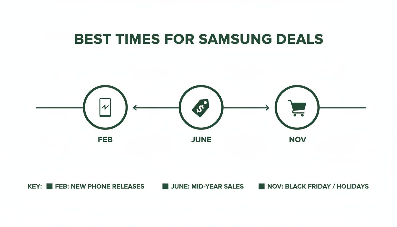A timeline graphic illustrating the best times to find Samsung phone deals throughout the year.