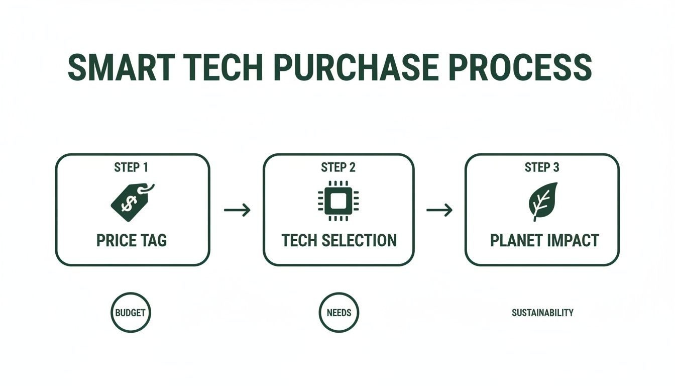 A green flowchart illustrates a smart tech purchase process, covering price, tech selection, and planet impact.