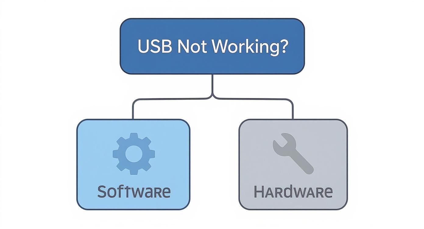 An infographic decision tree for diagnosing USB port issues, showing a split between software and hardware problems.