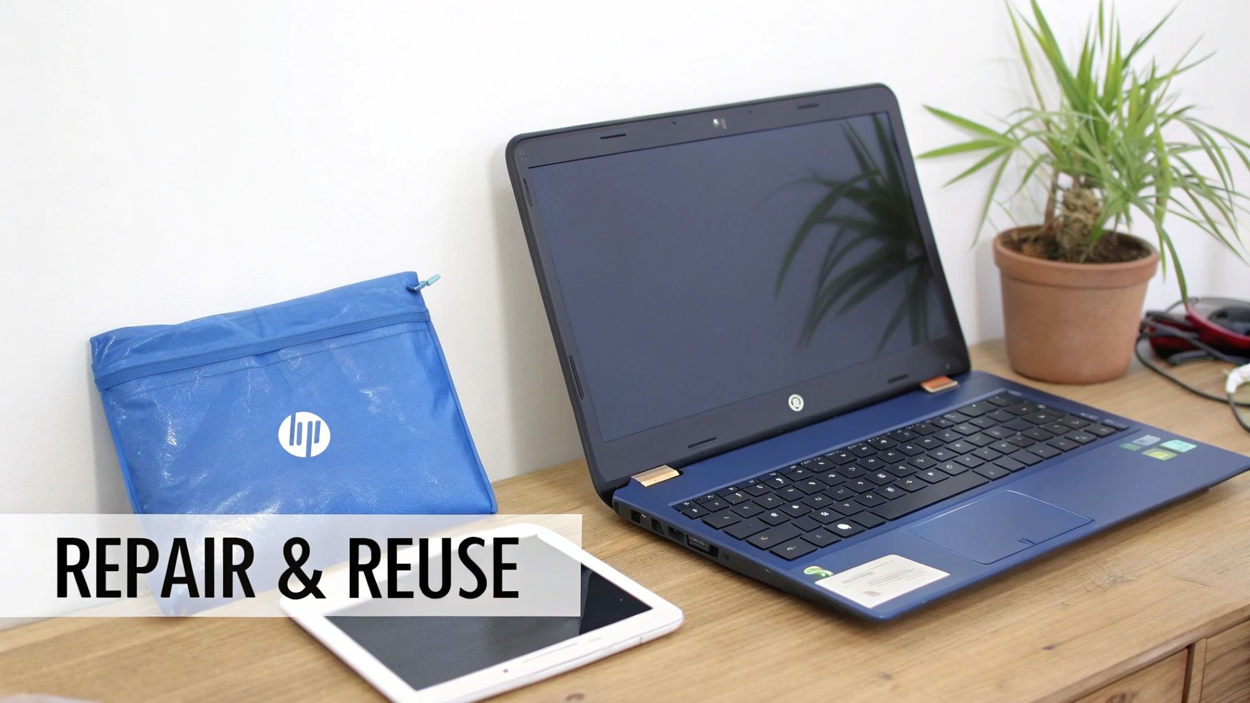 A blue HP laptop, HP bag, and a tablet on a wooden desk, promoting repair and reuse.