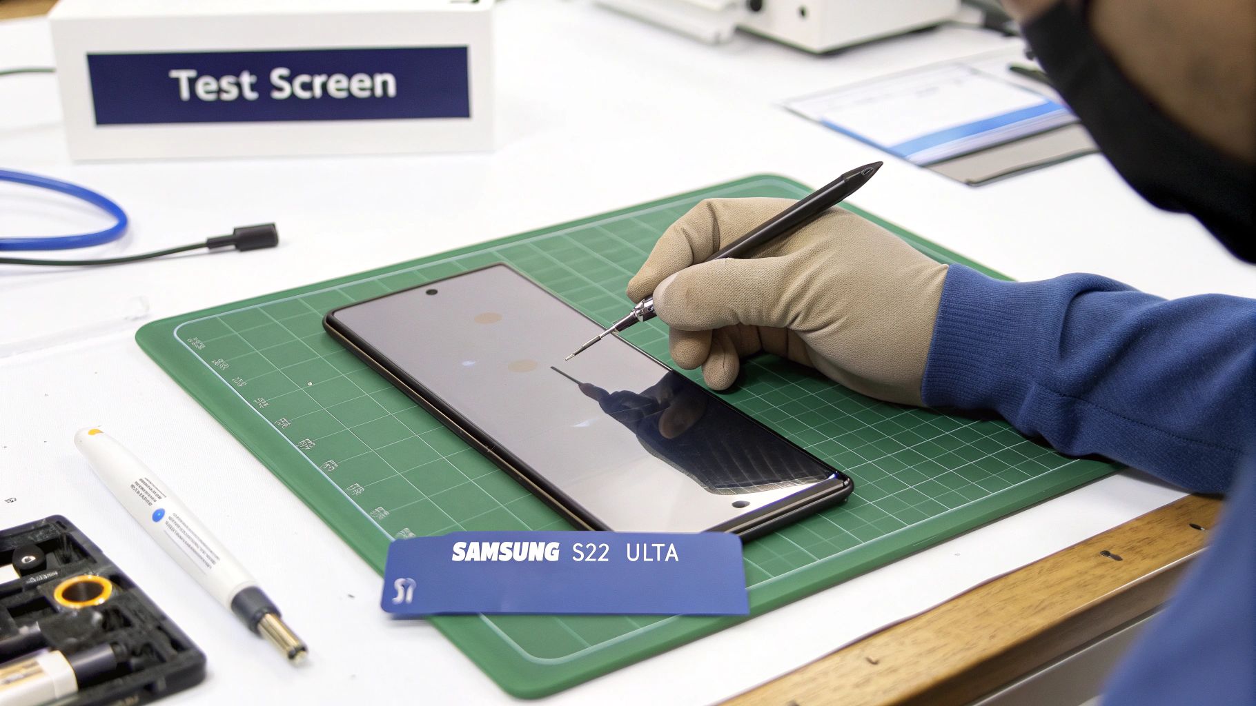 A technician in gloves tests a Samsung S22 Ultra phone screen with a tool on a green mat.