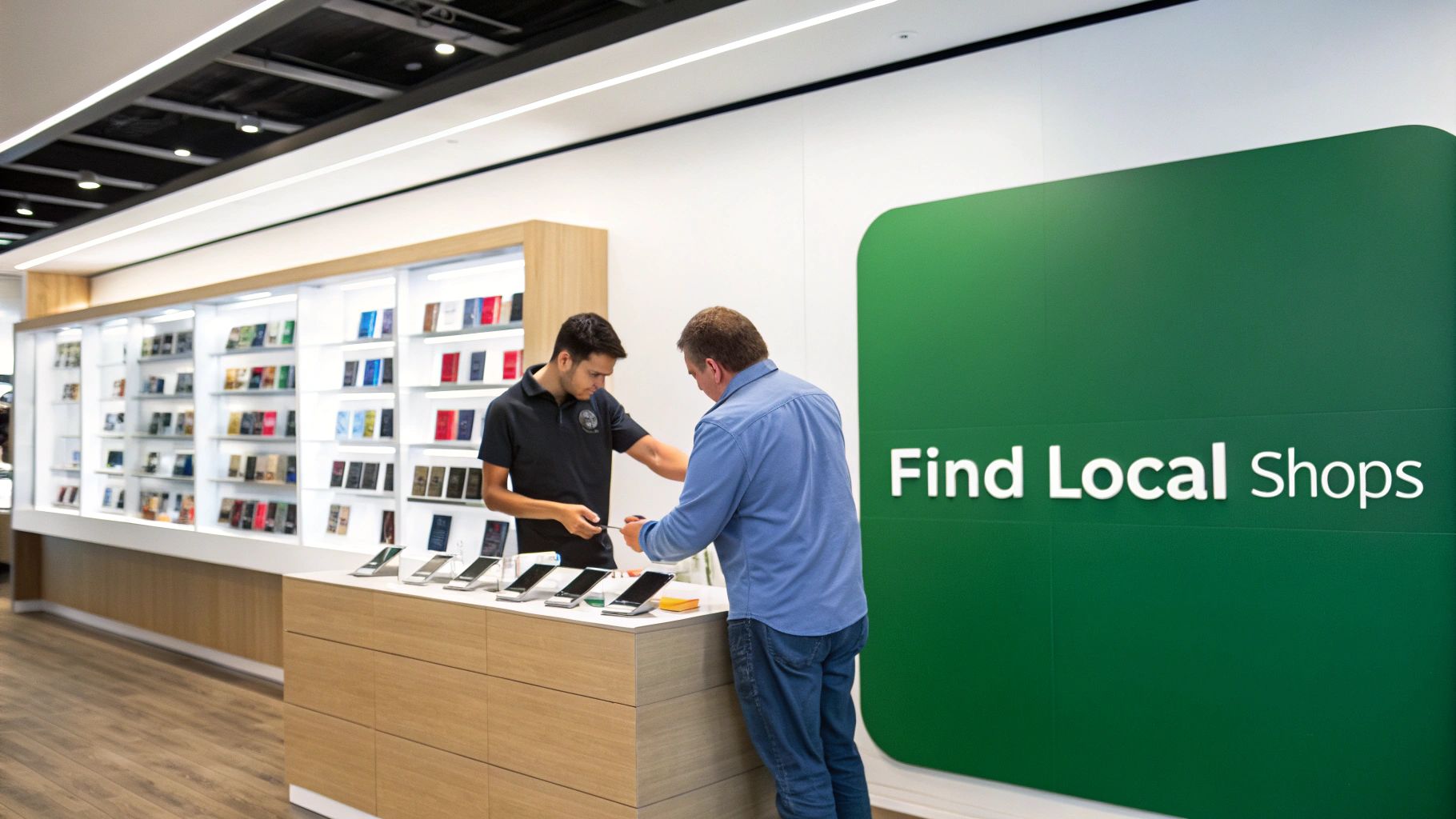 A person inspects a smartphone in a modern, well-lit electronics shop.