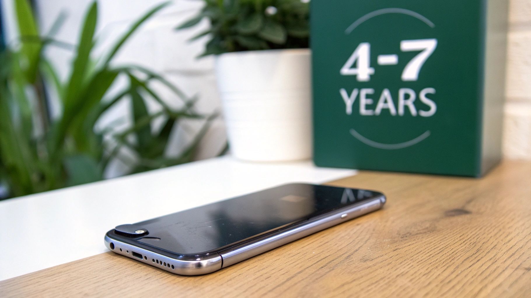 An iPhone lying face down on a wooden surface with a green "4-7 YEARS" box.