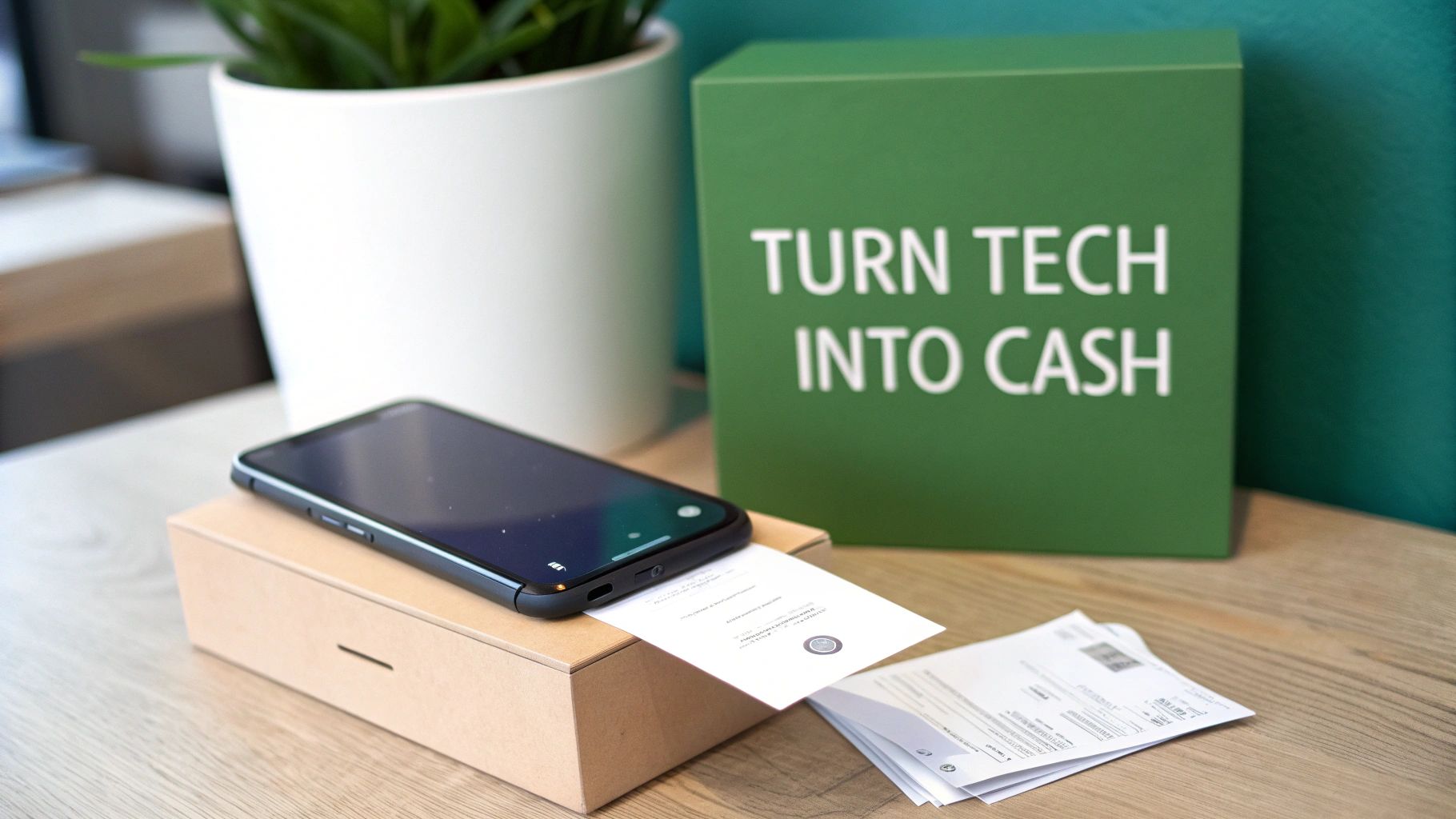 A smartphone on a box with papers, a plant, and a green 'Turn Tech into Cash' box.
