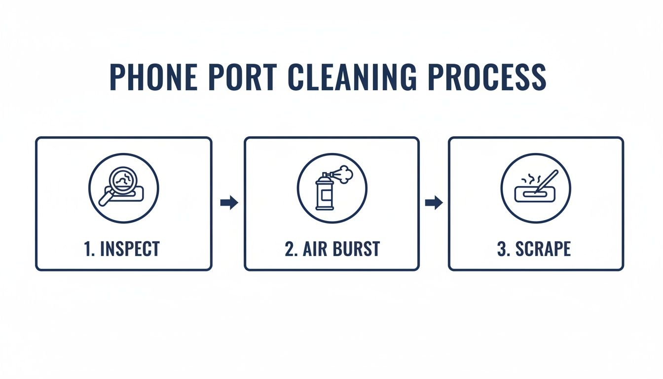 A three-step diagram illustrating the phone port cleaning process: inspect, air burst, and scrape.