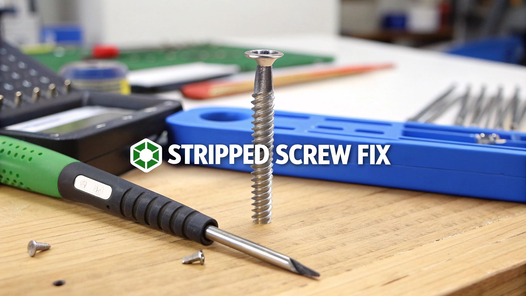 A large stripped screw stands upright next to a screwdriver on a wooden desk with tools.