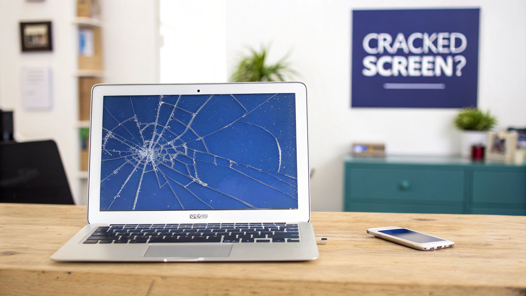A silver MacBook Air laptop with a severely cracked blue screen sits on a wooden desk next to a white smartphone.