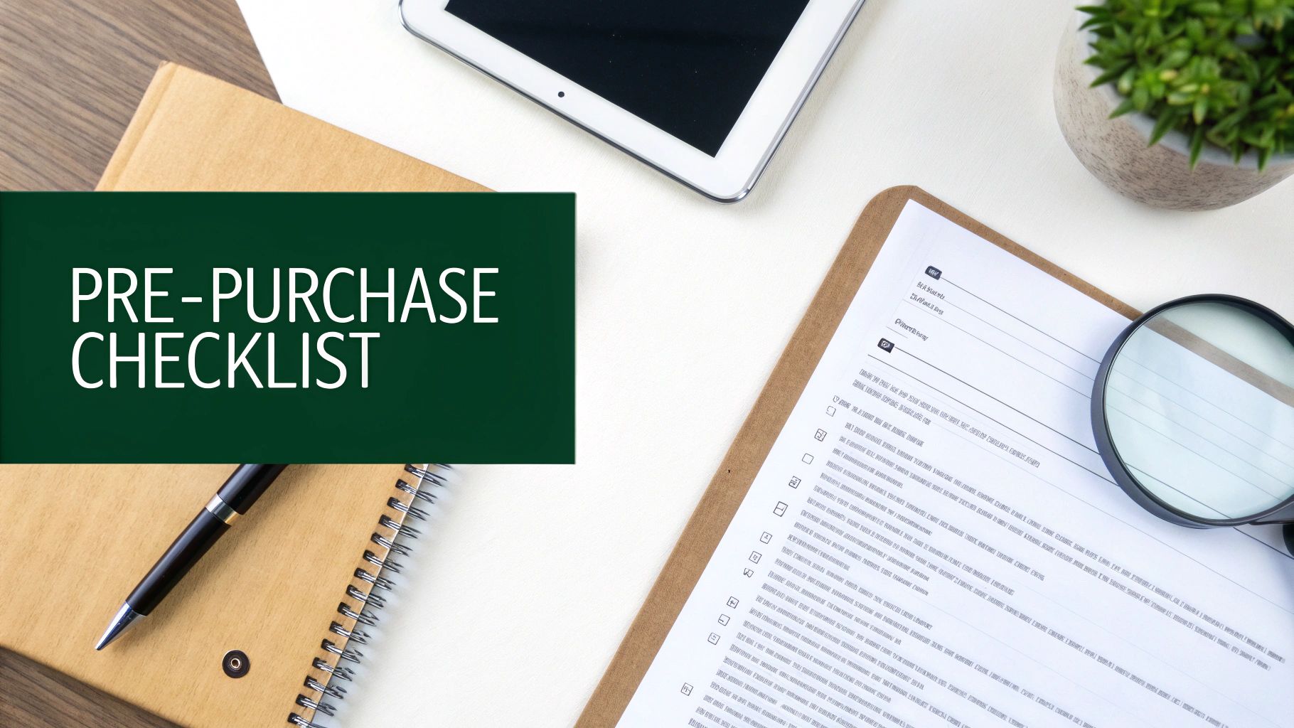A white desk flat lay featuring a green 'PRE-PURCHASE CHECKLIST' sign, a tablet, and a clipboard.