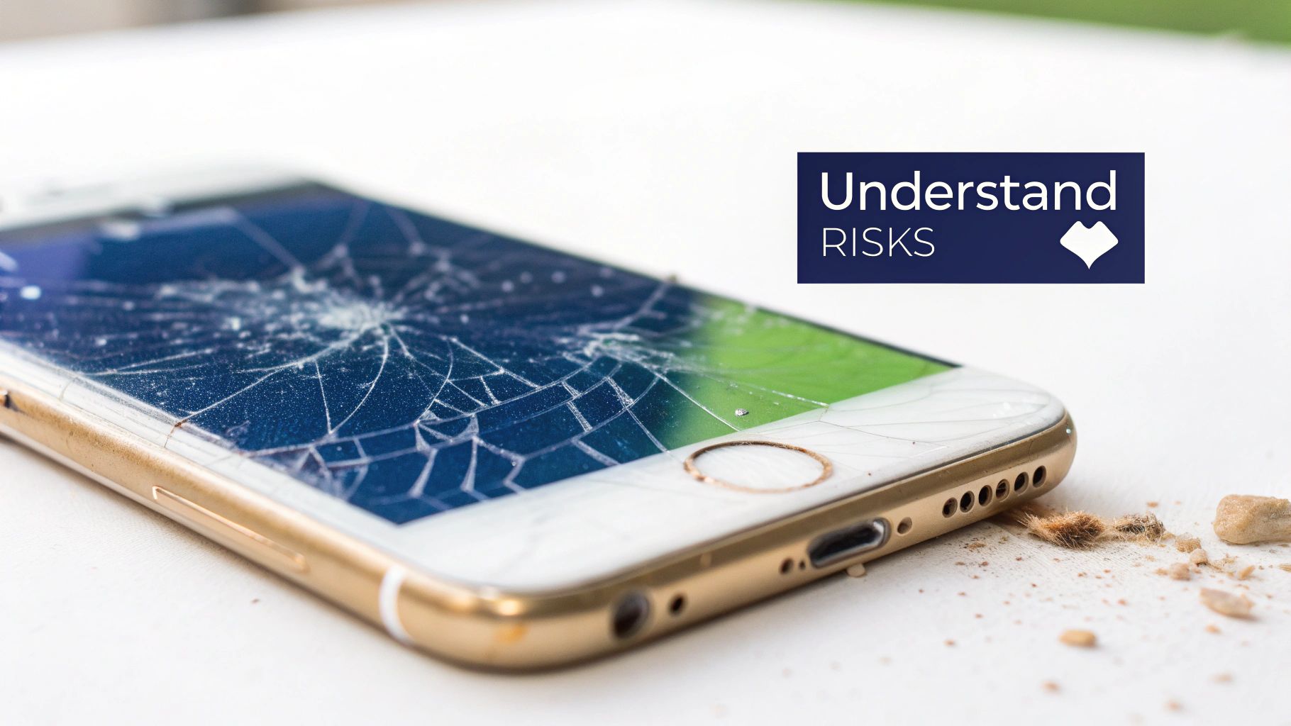 A shattered iPhone back, illustrating the need for repair.