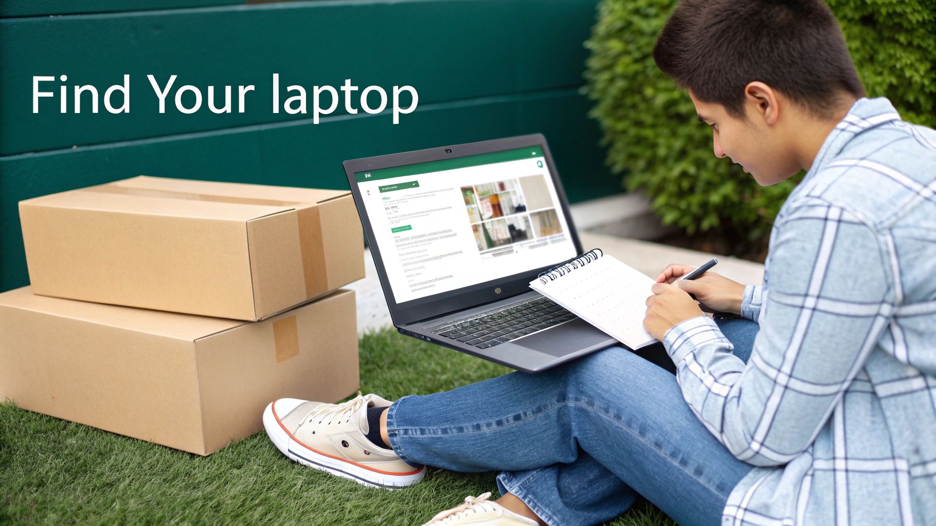 A student sits on grass with a laptop and notebook, surrounded by cardboard boxes.