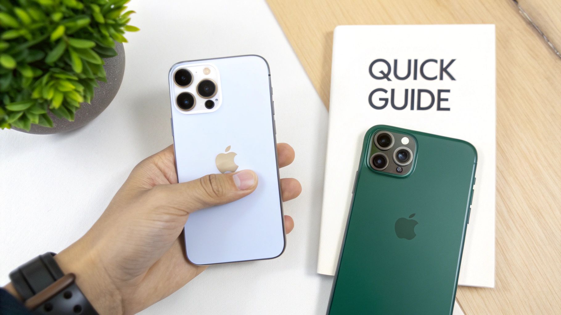 A hand holds a light blue iPhone next to a green iPhone, a quick guide book, and a plant.