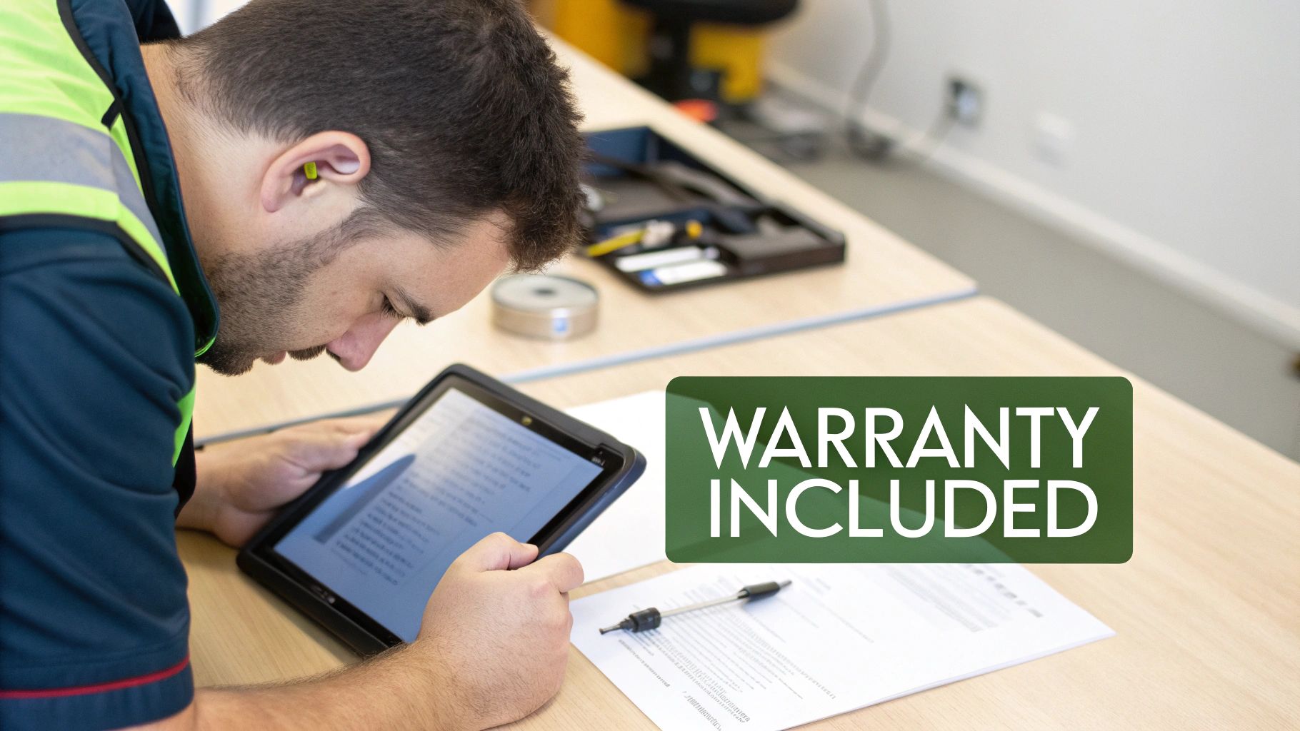A man in a work vest with an earplug reads content on a tablet, with 'WARRANTY INCLUDED' displayed.