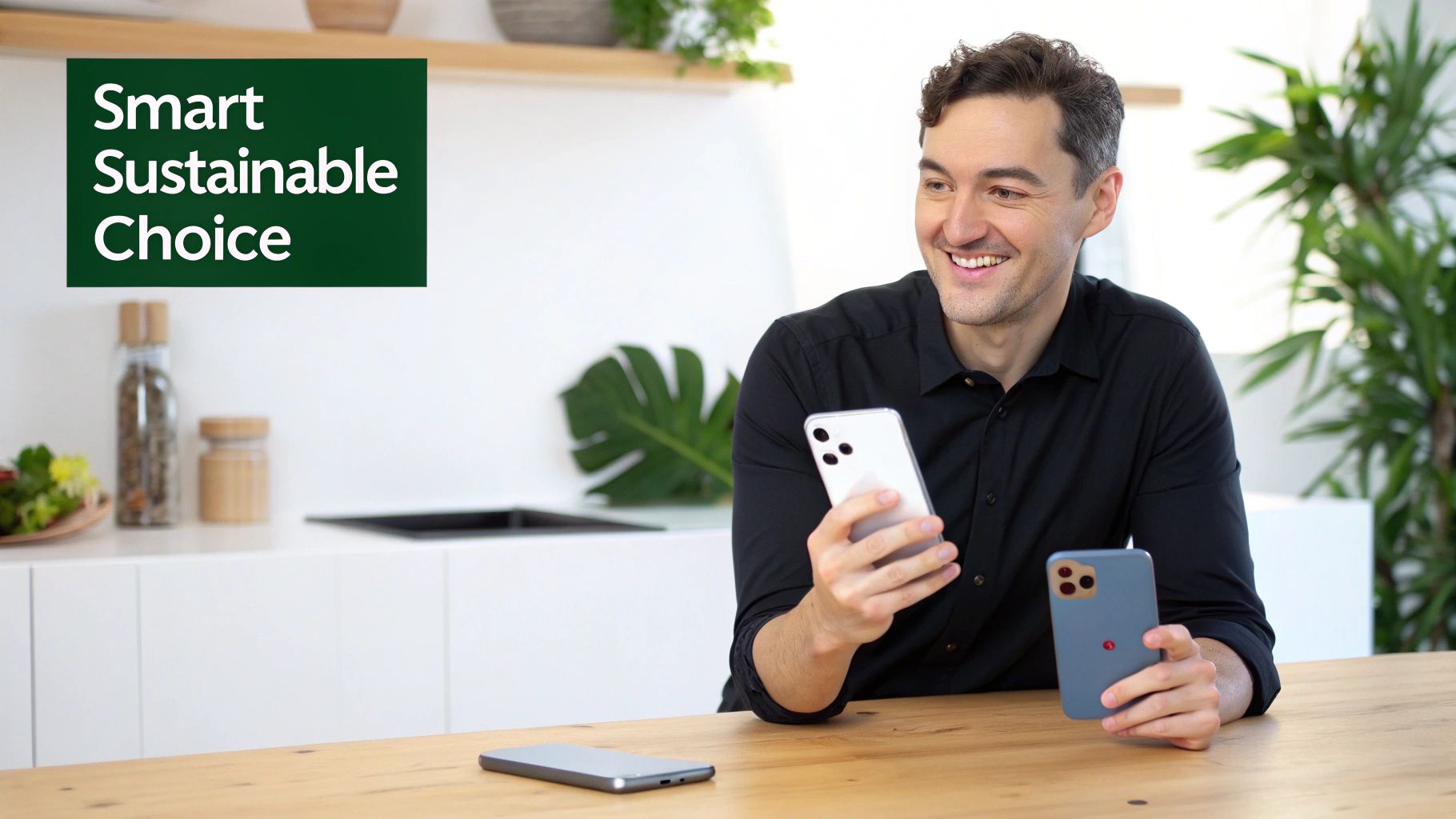 A smiling man holds two smartphones, with another on the table, in a modern kitchen. Text reads 'Smart Sustainable Choice'.