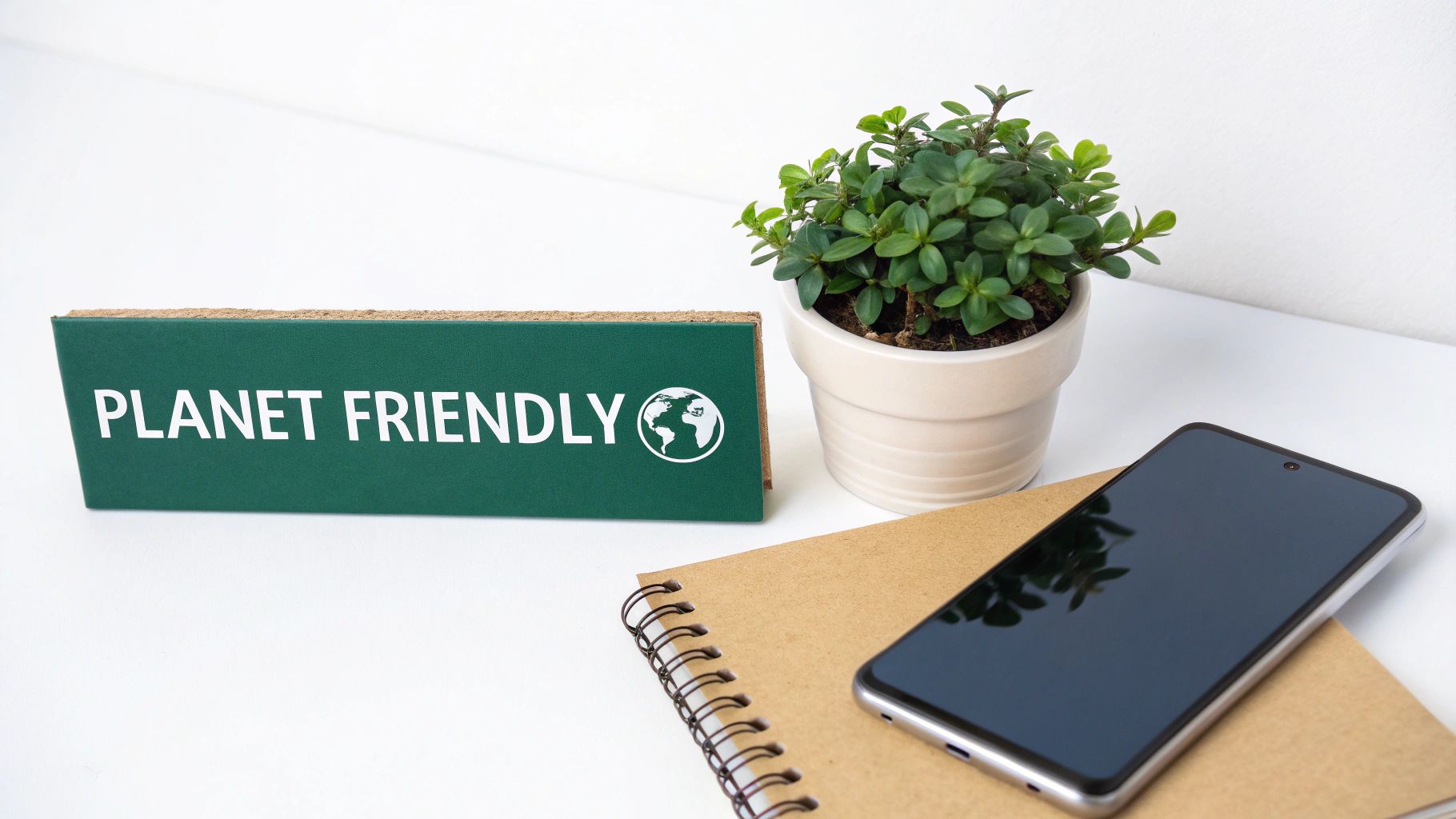 A green "PLANET FRIENDLY" sign, potted plant, smartphone, and notebook on a white desk.