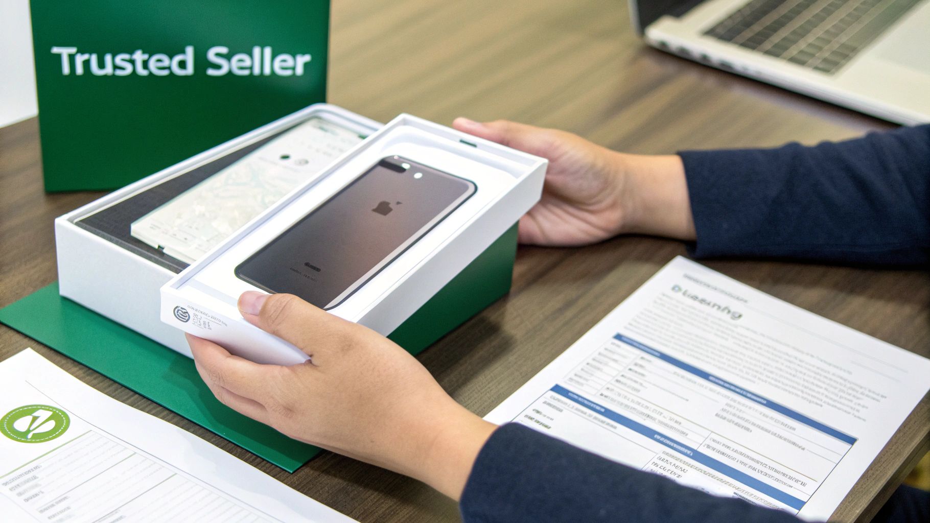 A person unboxes a black iPhone from a "Trusted Seller" package, with documents on a wooden table.