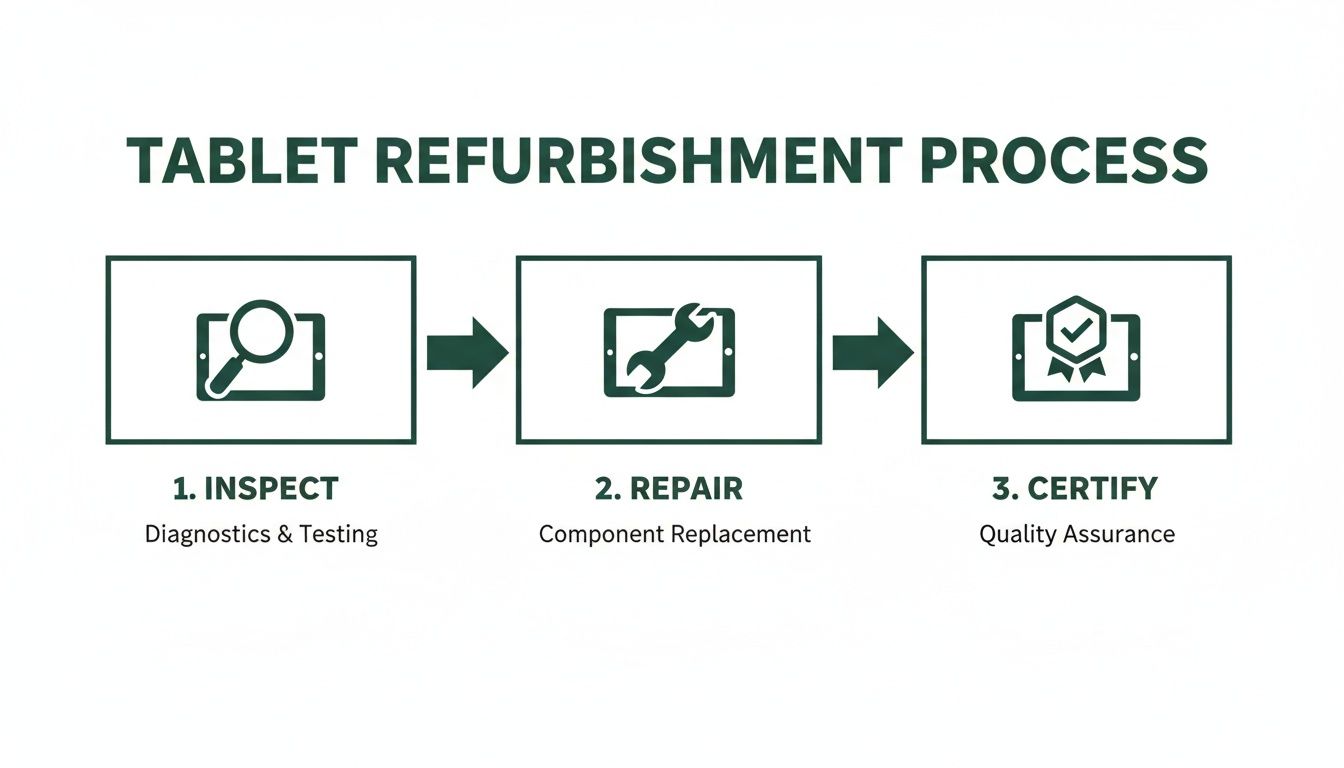 Infographic showing the three-step tablet refurbishment process: Inspect, Repair, and Certify.
