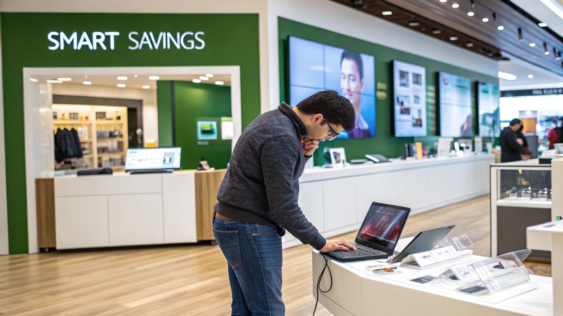 A person working on a sleek, modern refurbished laptop in a bright, clean office setting.