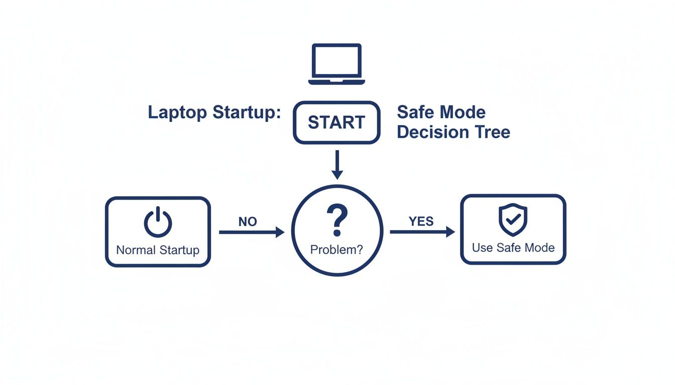 A flowchart detailing laptop startup options: normal or safe mode, based on problem detection.