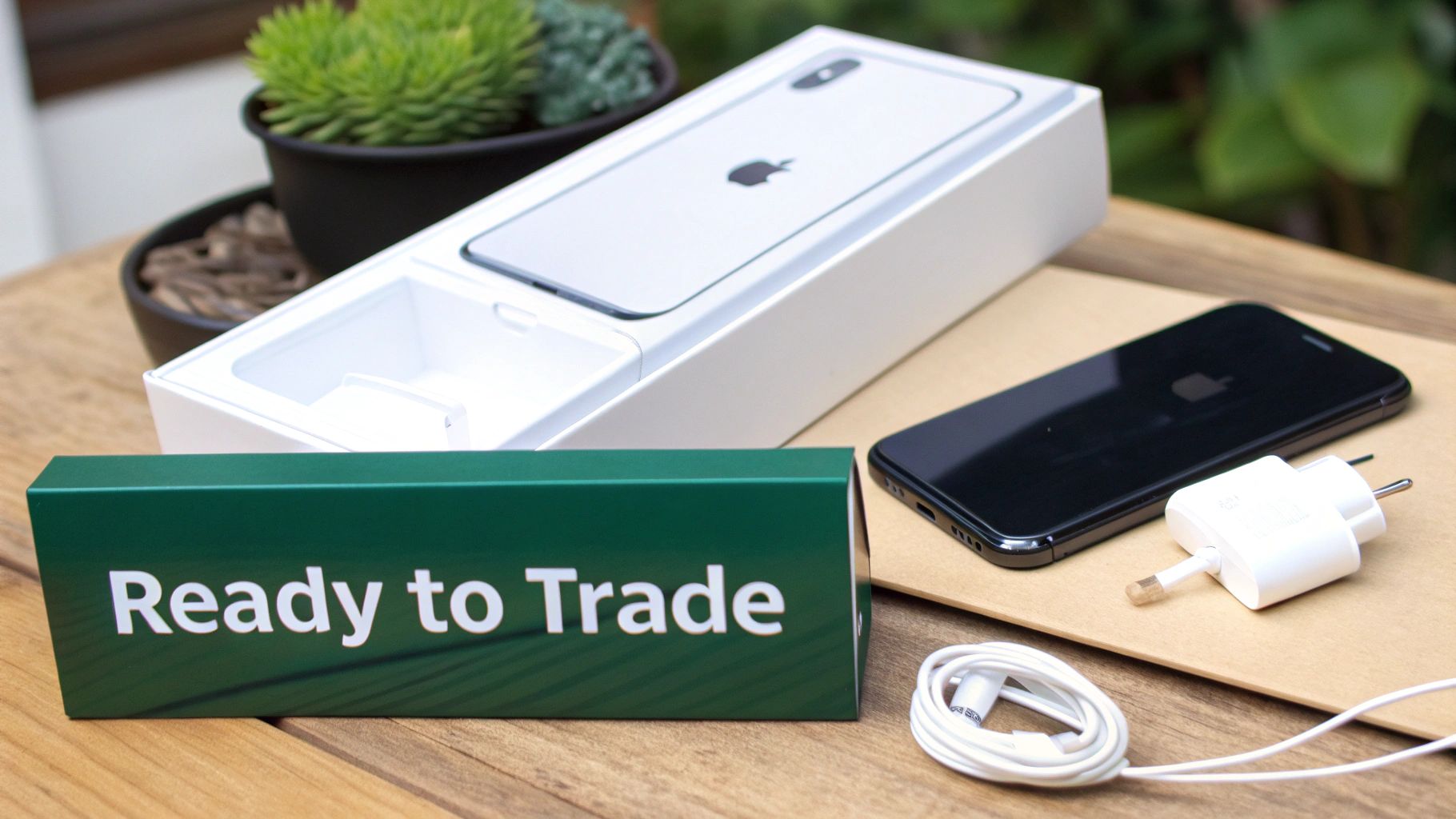 An open iPhone box with a silver phone, a black phone, charger, and cable on a wooden table, next to a 'Ready to Trade' sign.