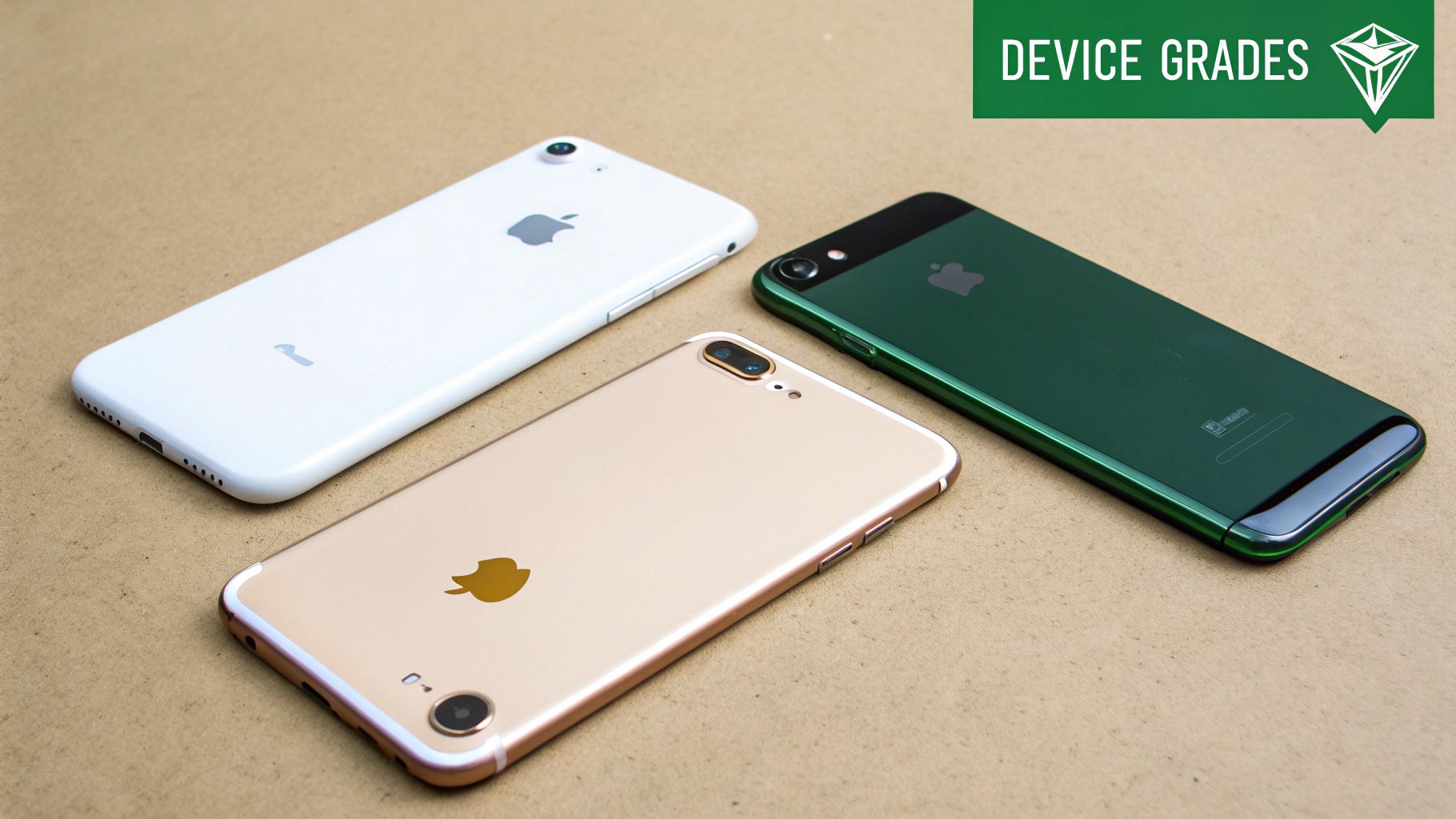 Three refurbished iPhones in white, gold, and green displayed on a brown surface.