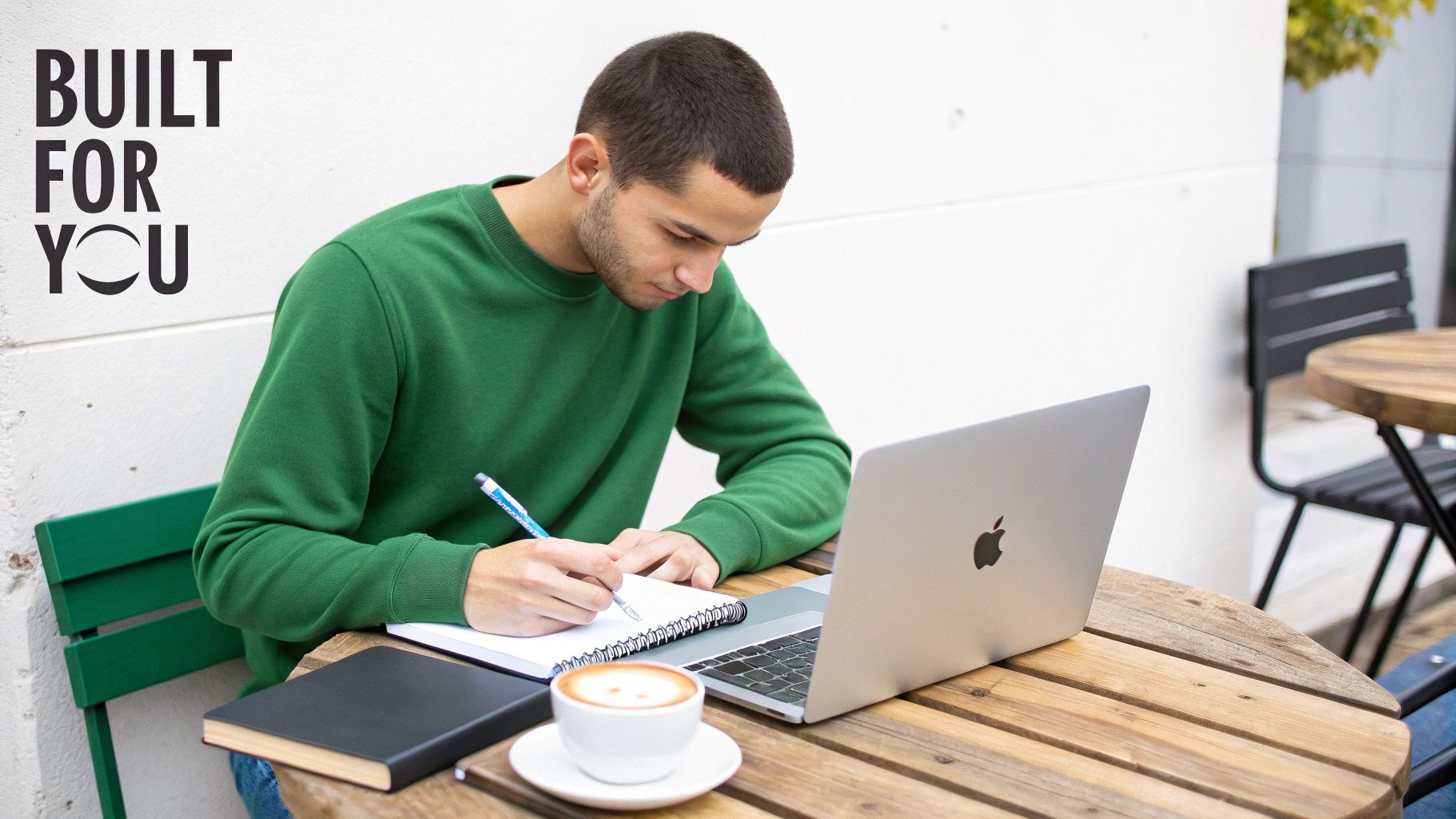 A young man writing in a notebook next to an M2 MacBook Pro and coffee at an outdoor cafe.