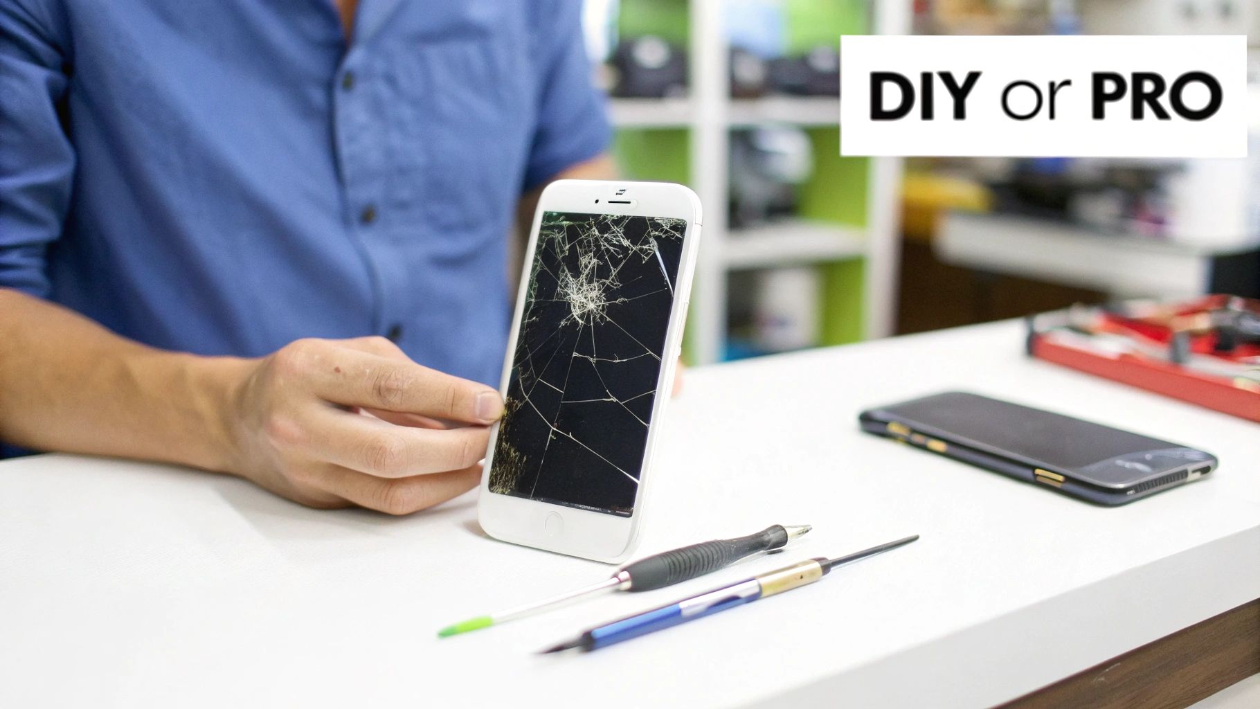 A person holds a white smartphone with a severely cracked screen, alongside repair tools and another phone on a table.