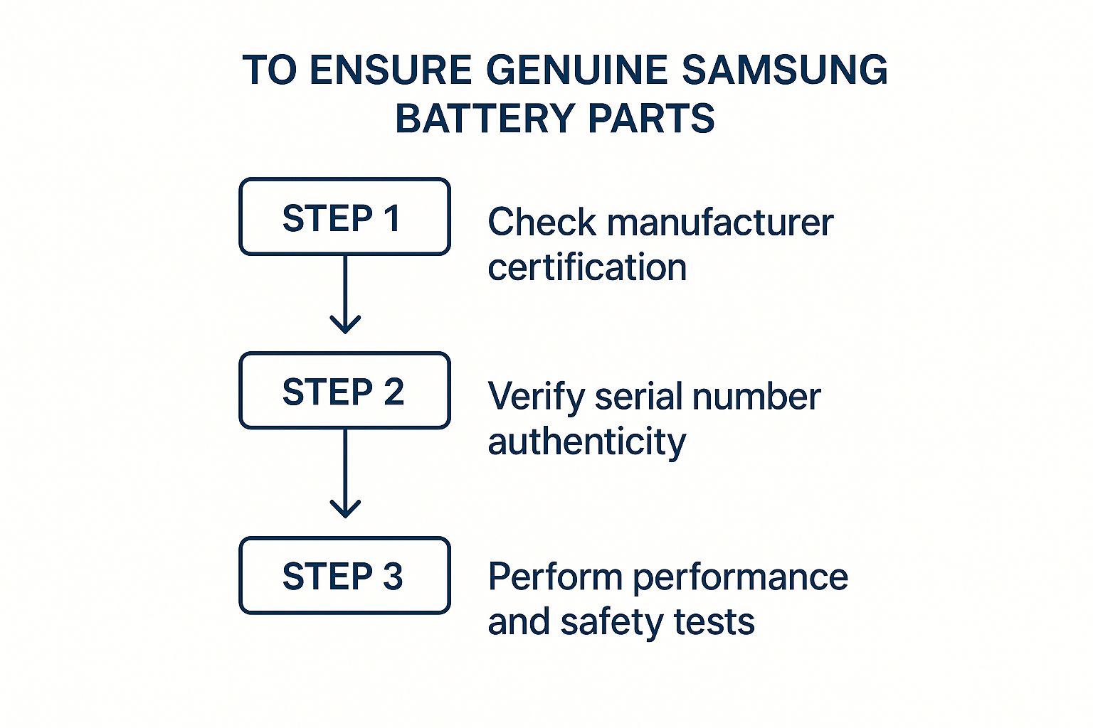 Infographic detailing the process of verifying genuine Samsung batteries, including supplier vetting, certification checks, and performance testing.