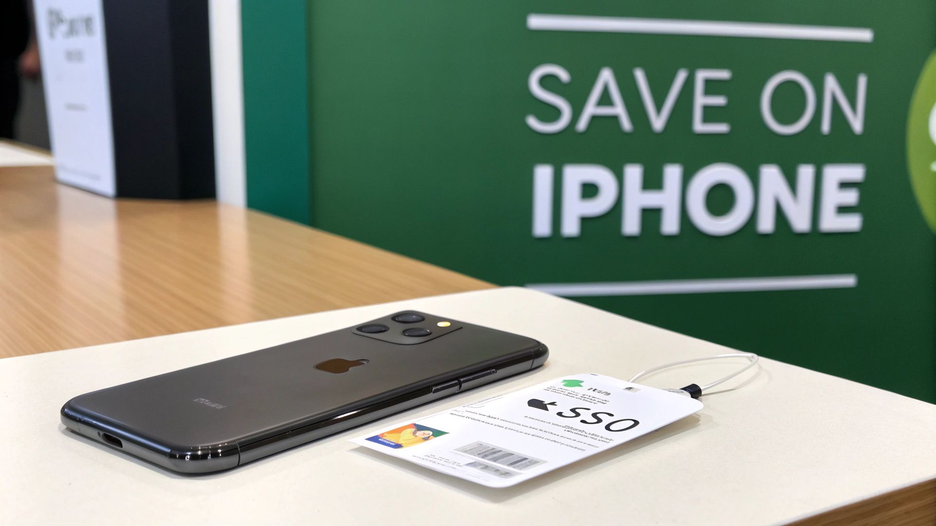 A dark iPhone with triple cameras lies on a retail display next to a white SSO tag, with a 'SAVE ON IPHONE' sign in the background.