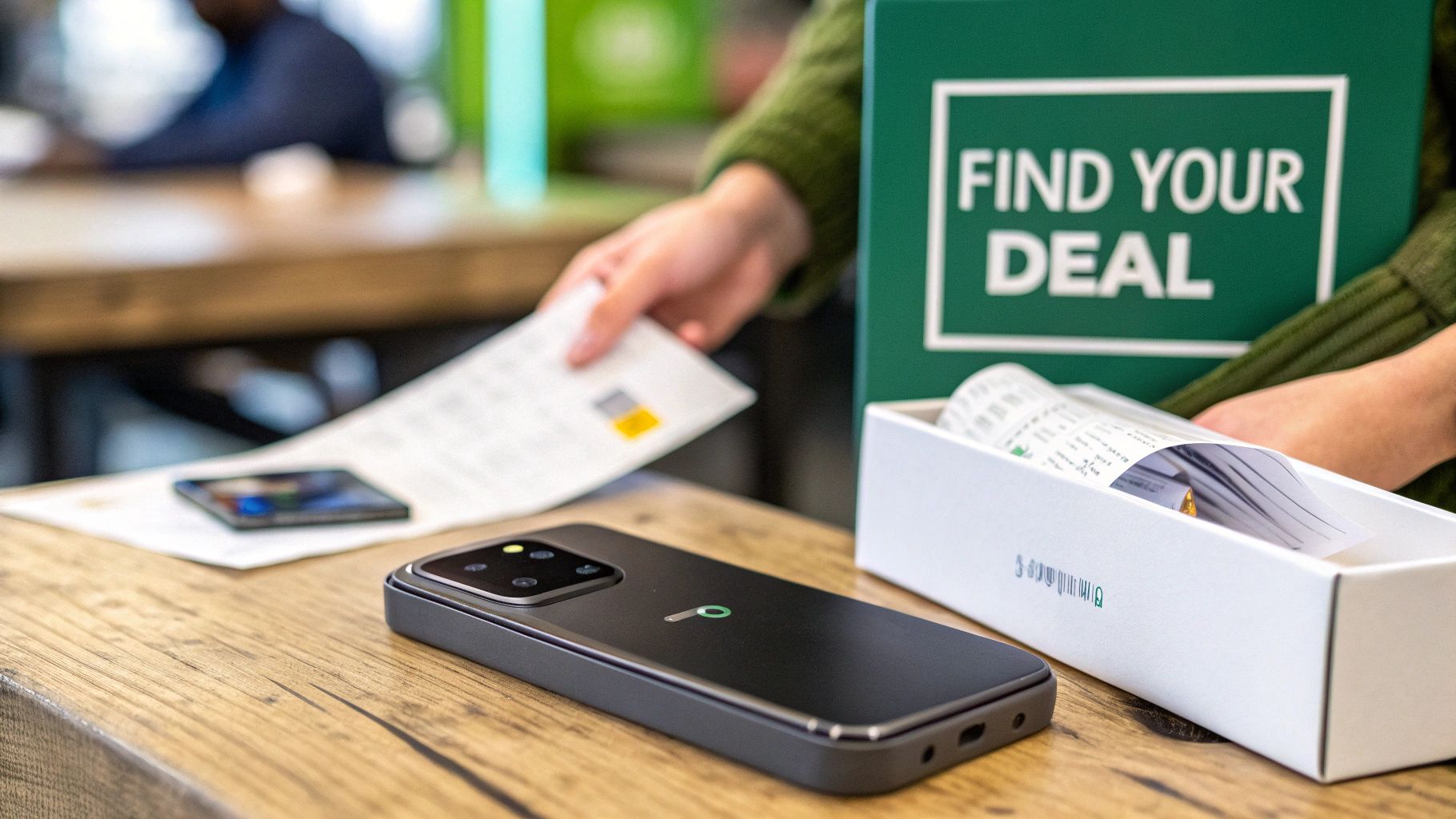 A person holds a receipt near a smartphone, a box of receipts, and a 'Find Your Deal' sign.