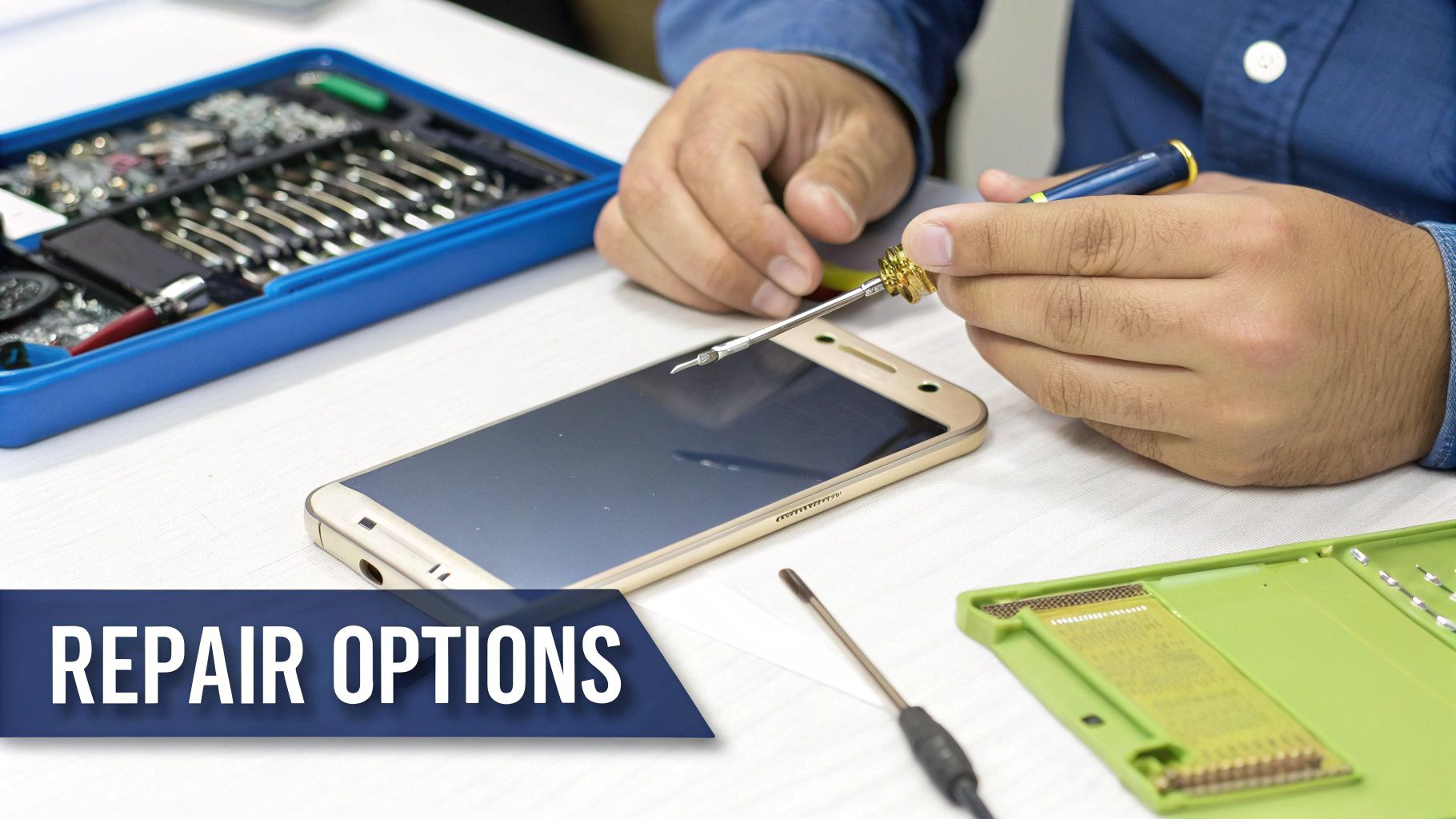 A technician carefully working on the internal components of a Samsung phone during a battery replacement.