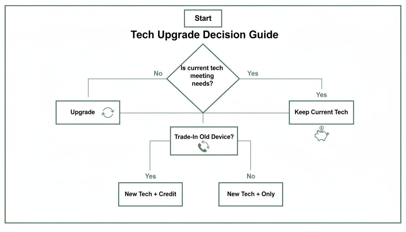 Flowchart illustrating a tech upgrade decision guide, covering upgrading, keeping, and trade-in options.