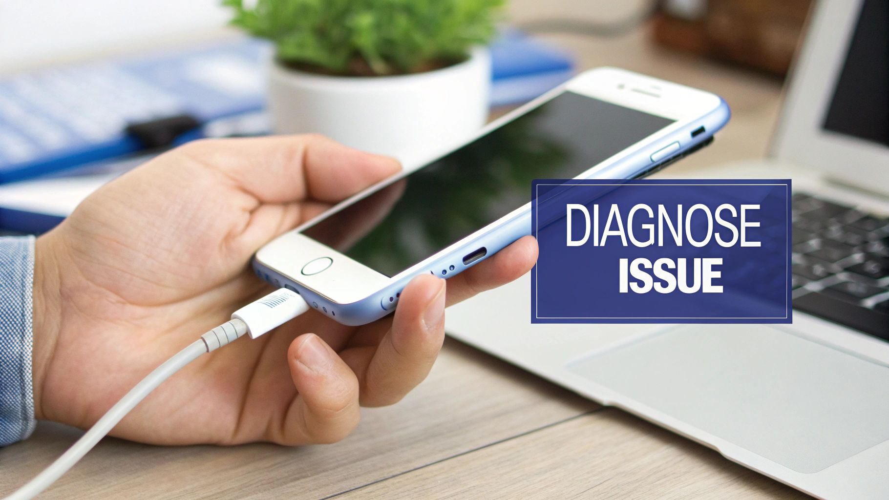 A hand holds an iPhone connected to a charging cable, with a laptop and a 'DIAGNOSAE ISSUE' overlay.