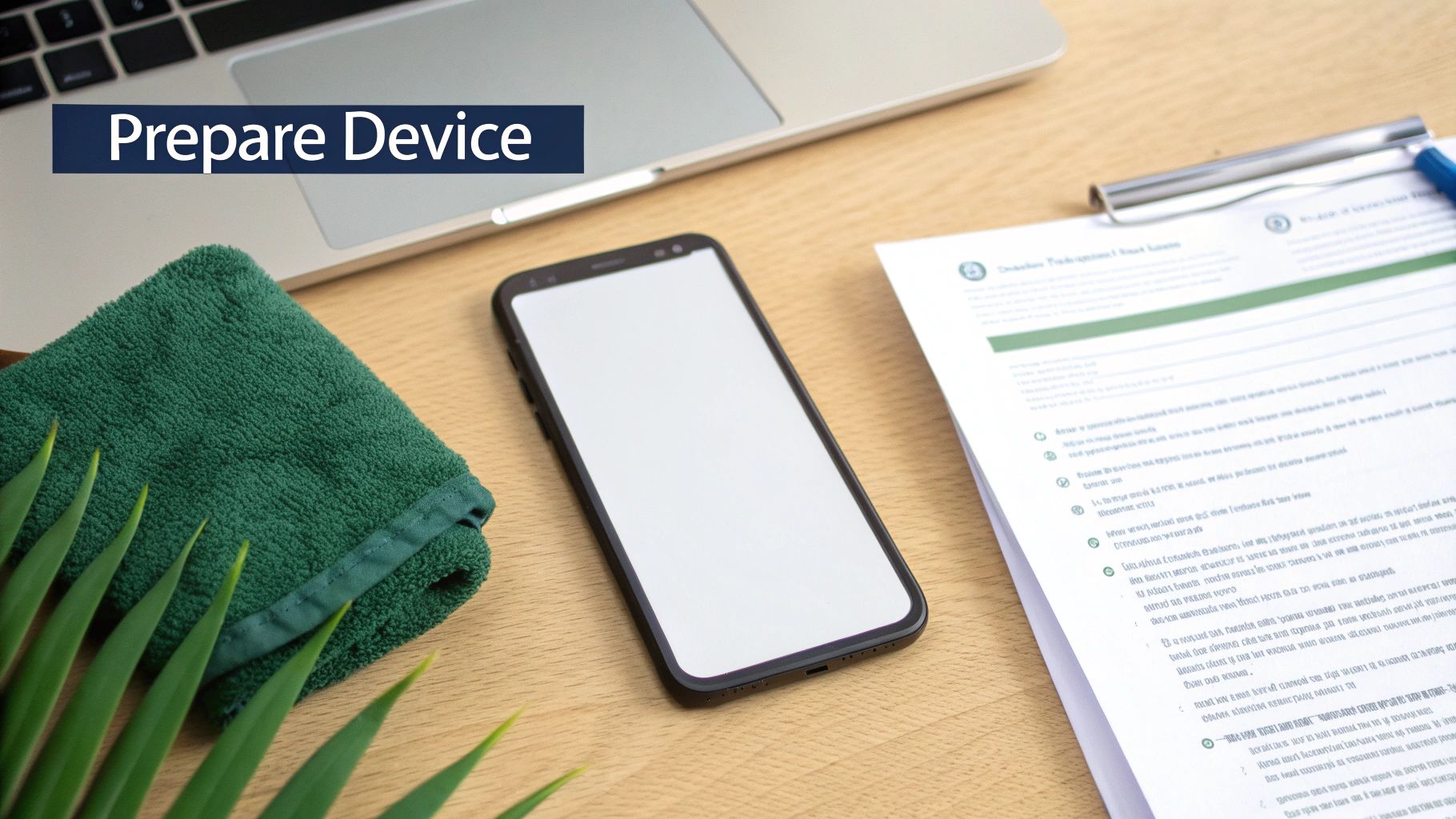 A smartphone with a blank screen, a green towel, and documents on a wooden desk, suggesting device preparation.