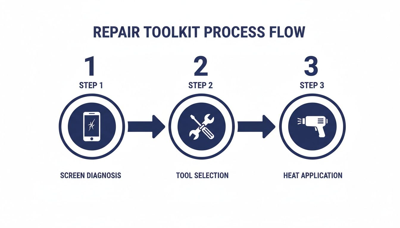 A three-step process flow for mobile phone screen repair, including diagnosis, tool selection, and heat application.