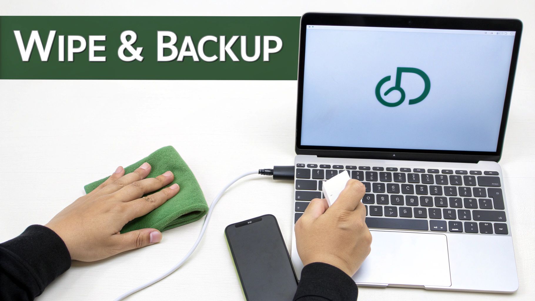 Hands cleaning a desk with a green cloth, while a smartphone is connected to a laptop for data backup.