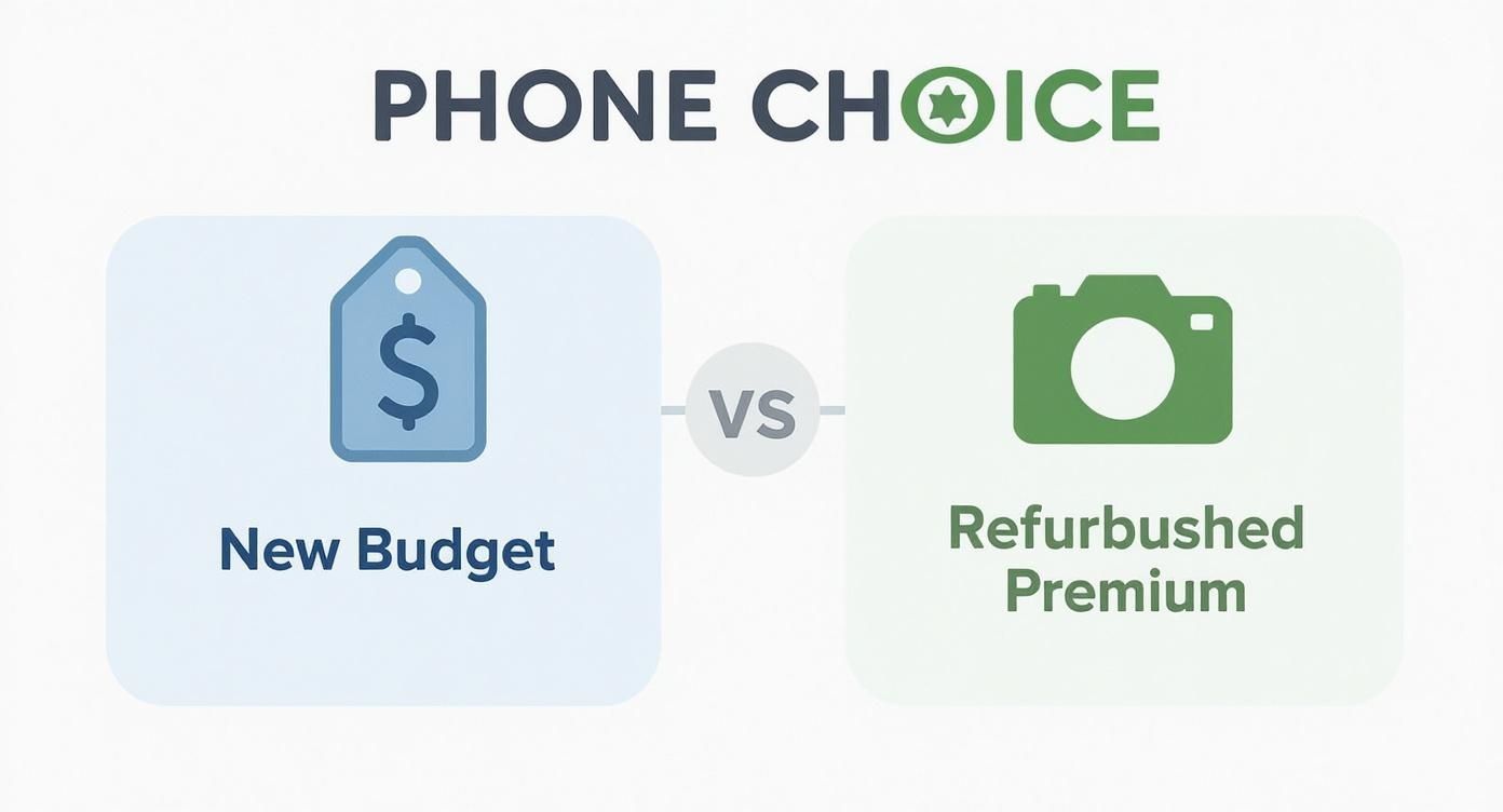 Infographic decision tree comparing new budget Samsung phones with refurbished premium Samsung phones.