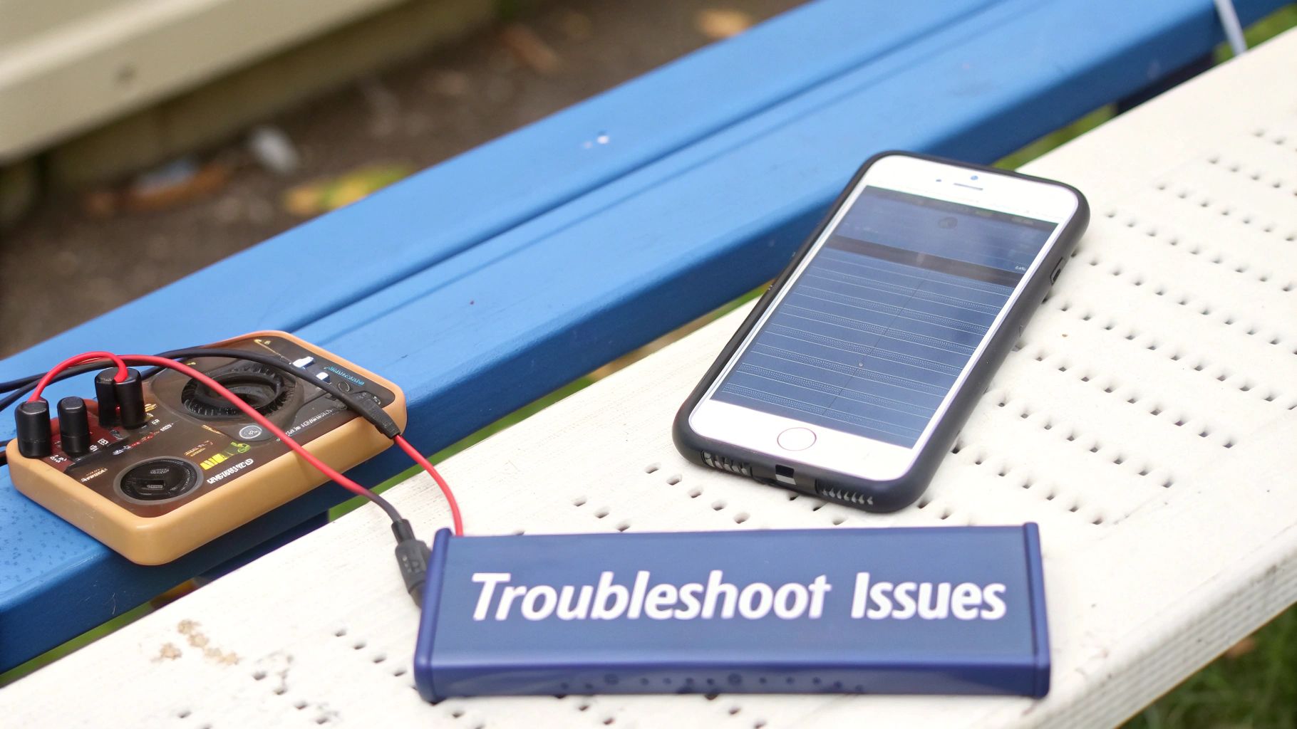 A diagnostic tool and iPhone displaying data, connected to a 'Troubleshoot Issues' device, on a white table.