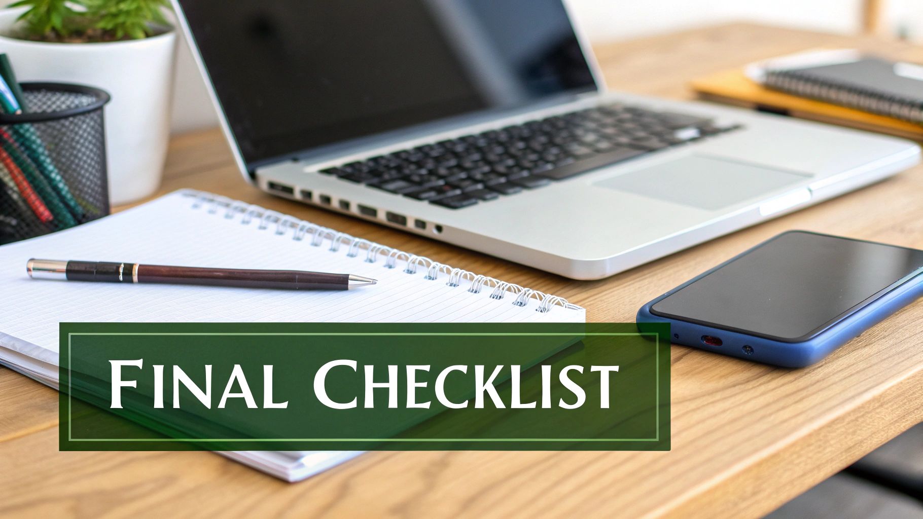 A wooden desk with a laptop, notebook, pen, and smartphone, featuring a 'FINAL CHECKLIST' overlay.