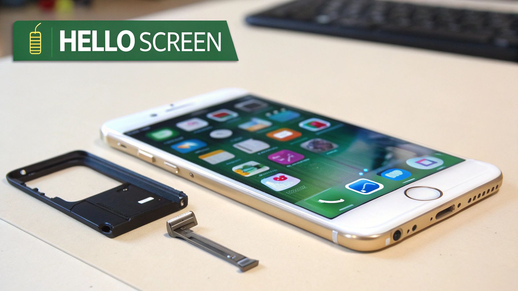 A gold iPhone with its screen on, next to a black frame and a metal SIM tool.