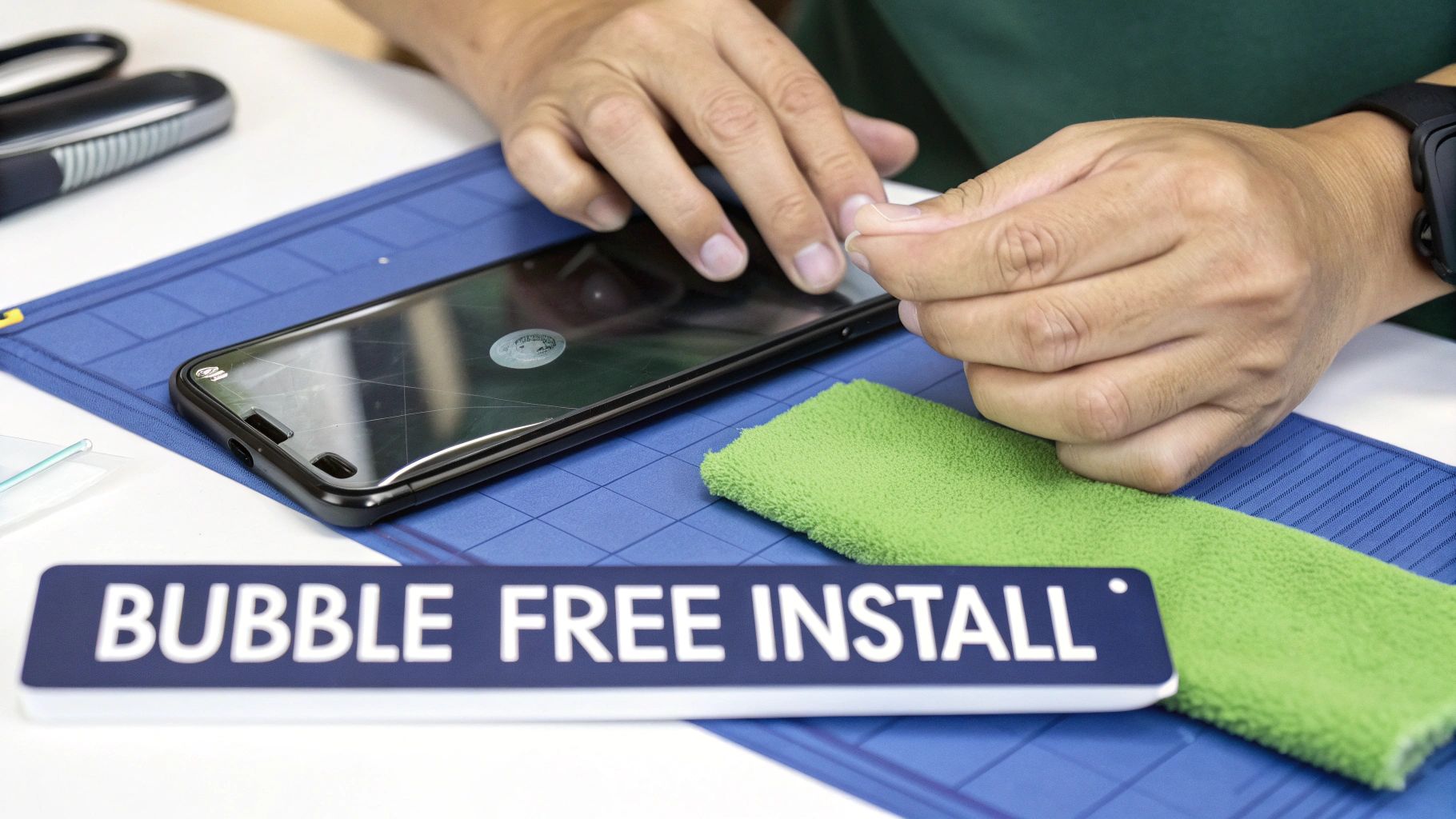 Close-up shows hands carefully installing a tempered glass screen protector onto a smartphone screen.