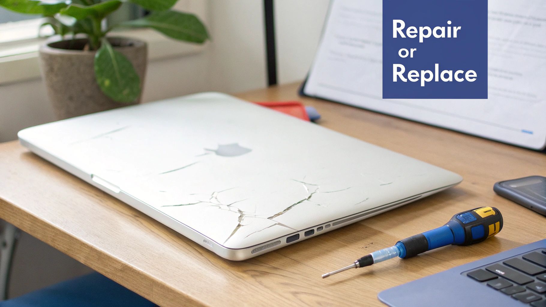 A damaged silver MacBook with a cracked lid, a screwdriver, and text 'Repair or Replace'.