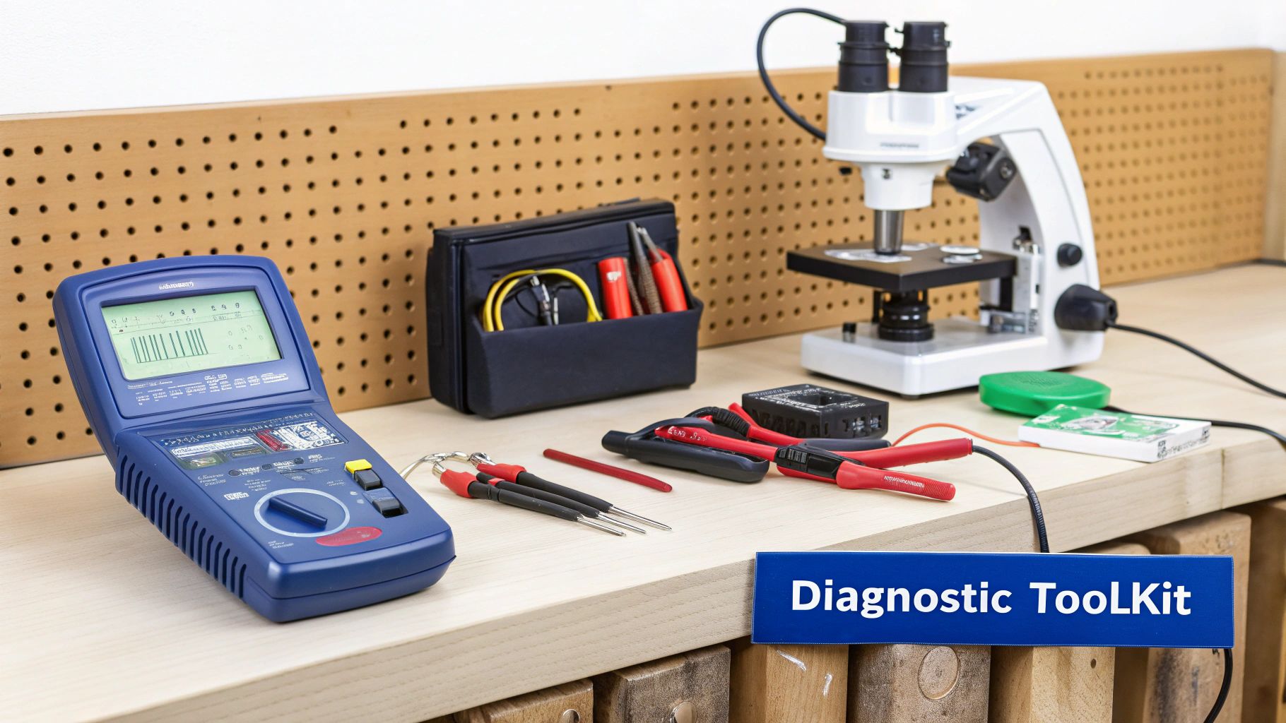 A comprehensive electronic diagnostic toolkit with a multimeter, microscope, and accessories on a workstation.