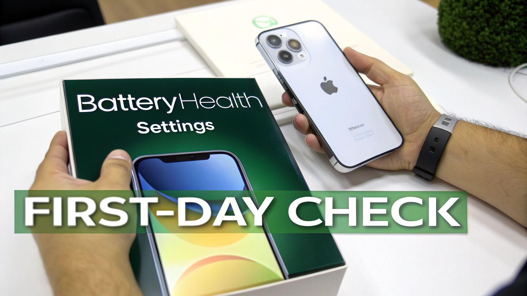 Hands inspect a new iPhone 14 Pro Max and its 'BatteryHealth Settings' information for a first-day check.