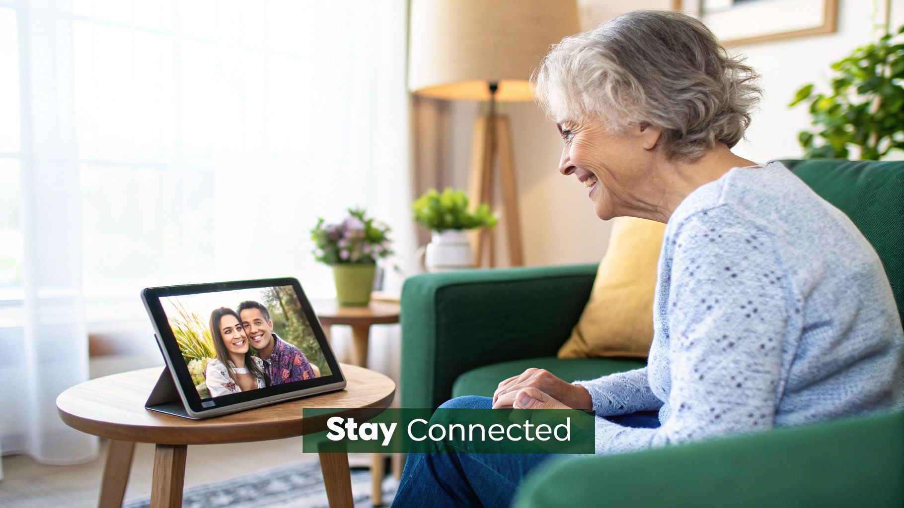 An elderly woman smiles brightly while video calling a young couple on her tablet.
