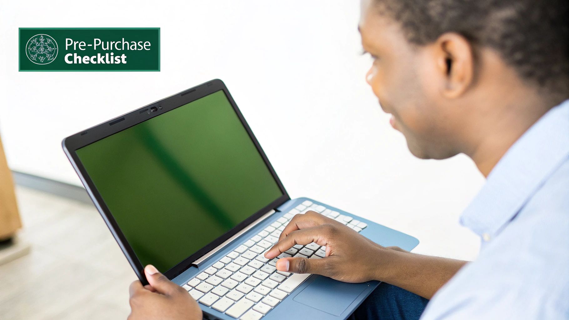 A person's hands typing on a laptop with a checklist icon overlayed.
