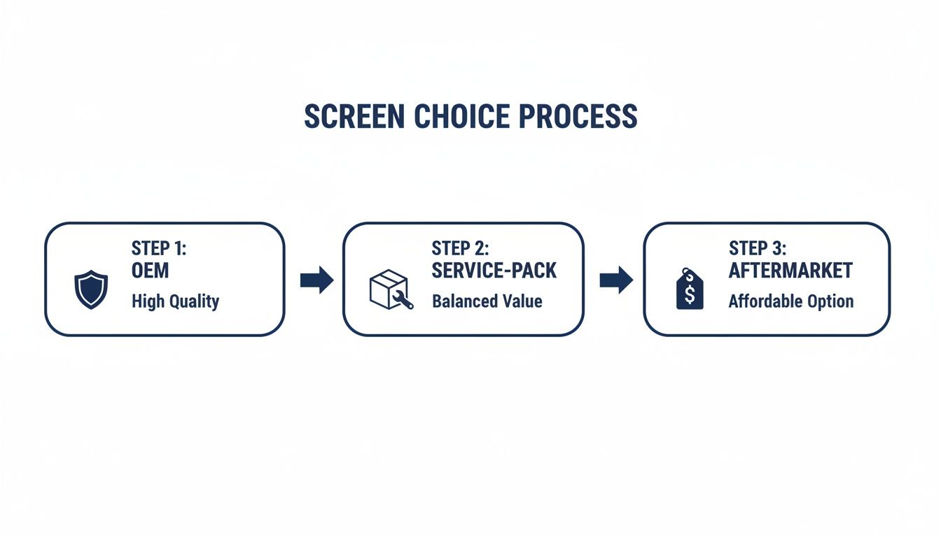 Flowchart showing screen choice process with three options: OEM (high quality), Service-Pack (balanced value), and Aftermarket (affordable).