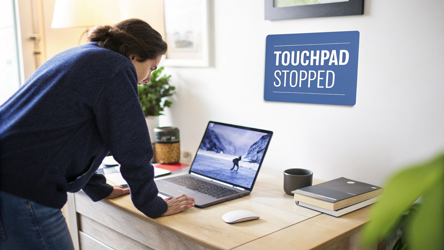 Person leaning over a desk looking at a laptop with a 'Touchpad Stopped' sign on the wall.