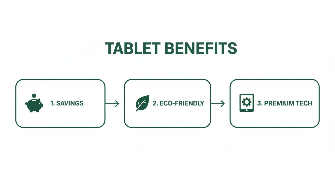 A graphic titled 'TABLET BENEFITS' displays three advantages: 1. Savings, 2. Eco-Friendly, and 3. Premium Tech.