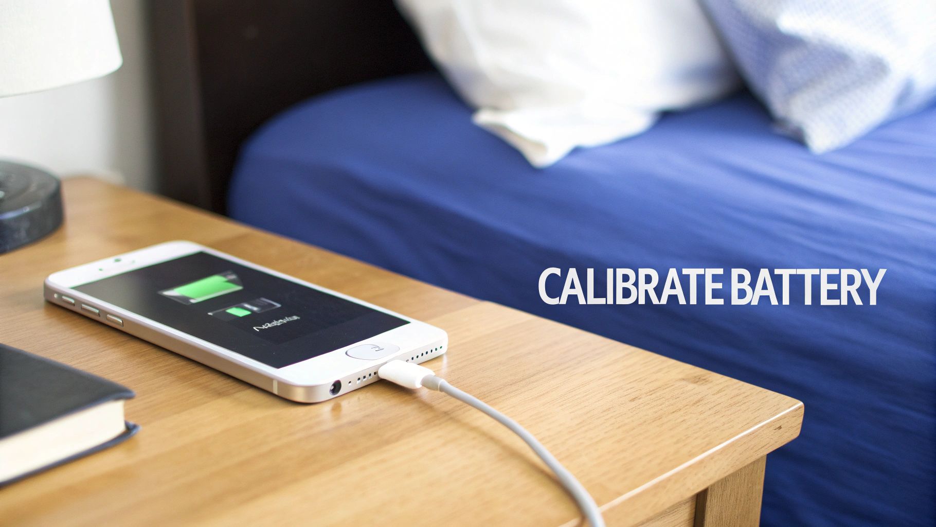 A newly installed iPhone battery being calibrated, showing a charging screen in a well-lit repair setting.