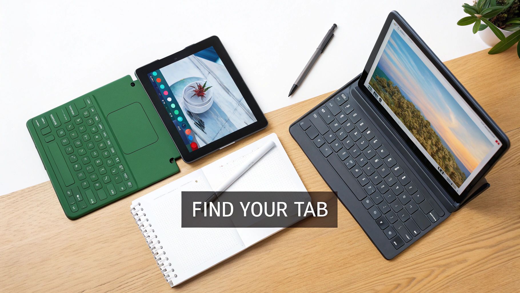 Two tablets with attached keyboards, a stylus, and a notebook on a two-tone desk surface.